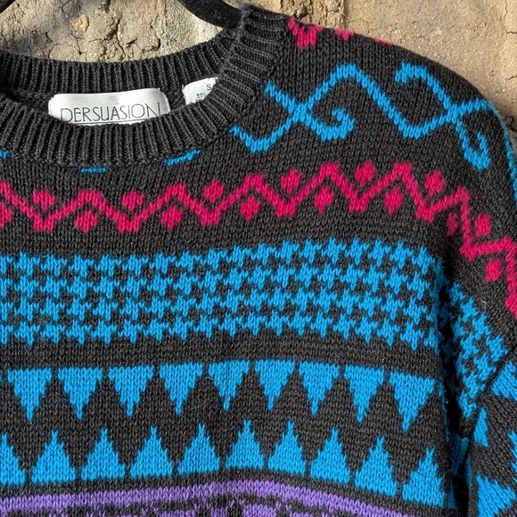 VTG 80s Persuasion Mixed Pattern Crew Neck Tunic Sweater Small Oversized Black - Picture 2 of 6